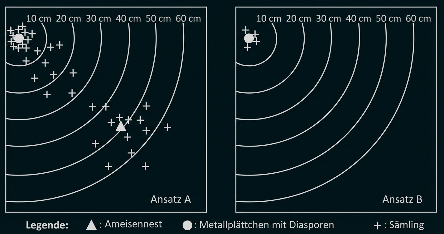 Zwei Diagramme mit konzentrischen 10–60 cm-Ringen; links viele Sämlinge, Ameisennest (Dreieck) und Diasporen (Punkt), rechts nur Diasporen nahe Zentrum.